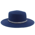 Navy blue boater straw hat featuring a wide brim and decorative silver metal chain detail - Dark Blue