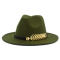 Detail of dark green wool fedora hat featuring a black ribbon and golden feather ornament - Army Green