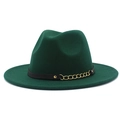 Detail of dark green wool fedora hat with black leather belt and gold chain trim - Dark Green