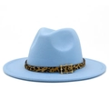 Detailed view of light blue wool felt fedora with leopard print band and gold buckle - One Size / Light Blue