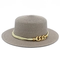 Detail of grey straw boater hat featuring yellow rope band and gold metal chain buckle - Gray