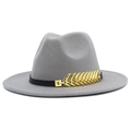Detail of gray wool fedora hat with black leather band and golden leaf metallic accent - Gray