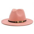 Pink wool fedora hat with flat brim featuring a black leather band and gold buckle - Flesh Pink