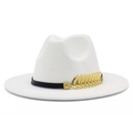 Detailed close-up of white wool fedora hat with elegant gold feather metal buckle accent - White