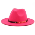 Detail of rose red fedora hat with black leather strap and gold chain accent - Rose Red