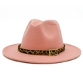 Close-up of pink felt fedora hat featuring leopard print belt and golden buckle detail - One Size / Flesh Pink