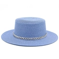 Sky blue flat top boater hat with stylish silver metal chain for beach outings - Light Blue