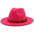 Detail of rose red fedora hat featuring a brown leather belt and gold metal buckle - One Size / Rose Red