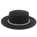 Detail of black flat-top straw sun hat featuring a stylish silver metal chain band decoration - Black