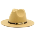 Detail of camel fedora hat featuring a black belt with gold metal chain and stud embellishments - Camel