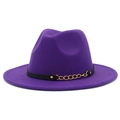 Detailed close-up of purple fedora hat featuring black leather band and gold metal chain - Purple