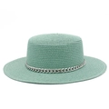 Detailed texture of mint green straw sun hat with decorative silver metal chain link - Mint Green