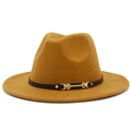 Detailed close-up of wide-brim wool felt hat with black leather band and gold buckle - Brown