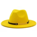 Detailed view of yellow wool fedora hat featuring black leather band and gold chain accents - Yellow