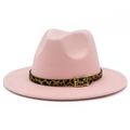 Detail of pink felt fedora hat featuring leopard print band and gold metal buckle - One Size / Pink