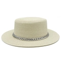 Beige boater straw hat with silver metal chain band for summer beach vacation look - Off White