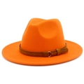 Detail of orange wool fedora with brown suede belt and golden metal buckle - One Size / Orange