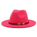 Detail of fuchsia wool fedora with black leather belt and gold buckle accent - Rose Red