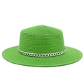 Close-up of vibrant green straw boater hat with a stylish silver chain band decoration - Emerald Green
