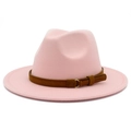 Detail of light pink wool felt fedora hat featuring a brown leather belt with gold metal buckle - One Size / Pink