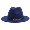 Detail of royal blue wool fedora hat featuring a black leather band and gold chain accent - Dark Blue