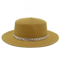 Close-up of woven straw hat featuring a stylish silver metal chain around the brim - Brown