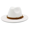 Close-up of white wool fedora hat with brown suede belt and gold metal buckle detail - One Size / White