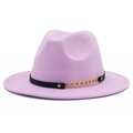 Detail of lavender wool fedora hat featuring black leather band and gold chain accent - Light Purple
