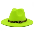 Macro detail of the leopard print belt with a gold buckle on the neon green wool fedora hat - One Size / Neon Yellow