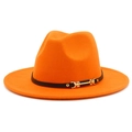 Detail of orange wool fedora featuring black leather band and gold metal buckle - Orange