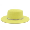 Detail of yellow straw hat with a bold silver metal chain and fine woven texture - Neon Yellow