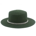 Close-up of a dark green straw boater hat with a chunky silver metal chain detail - Dark Green