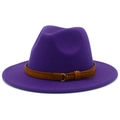 Detail of purple wool fedora hat with brown leather belt and gold buckle accent - One Size / Purple