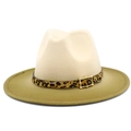 Eleganter zweifarbiger Jazz-Fedora mit beiger Krone, olivgrüner Krempe und Leopardenband - Einheitsgröße / Beige und Olivgrün
