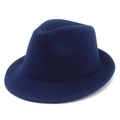 Detail of the navy blue fedora hat showing textured wool fabric and classic crown dent - One Size / Dark Blue