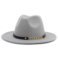 Close-up of light grey wool fedora hat with black leather band and gold metal chain detail - Gray