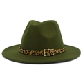 Close-up of dark green fedora hat with leopard print belt and gold buckle detail - One Size / Army Green
