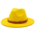 Detail of yellow wool fedora featuring a brown suede belt with a golden ring buckle - One Size / Yellow