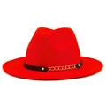 Detail of red wool fedora featuring a black band with a stylish gold chain and studs - Red