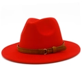 Detail of red wool fedora hat featuring a brown suede band and gold metal buckle - One Size / Red