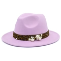 Lavender fedora hat with leopard print band and pearl floral details on white background - Light Purple
