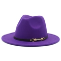 Detailed shot of purple wool fedora with black leather band and gold buckle accent - Purple