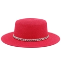 Red straw boater sun hat for women featuring a stylish silver chain and wide flat brim - Rose Red