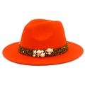 Detail of orange fedora wool hat with leopard band and decorative pearls and beads - Orange Red