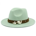 Mint green wool fedora with leopard print band and pearl floral accents in studio shot - Mint Green
