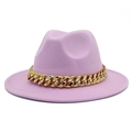 Pink wool fedora hat with a bold gold chain band and flat brim for street fashion - One Size / Light Purple