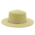 Detailed texture of beige straw boater hat featuring a stylish silver metal chain band - Beige
