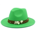 Detail of green wool fedora with leopard print band and pearl embellishments - Grass Green