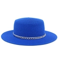 Detail of blue straw hat featuring woven texture and decorative silver chain band - Sapphire Blue