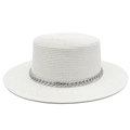 Detail of white boater hat with fine woven texture and silver metal chain decoration - White
